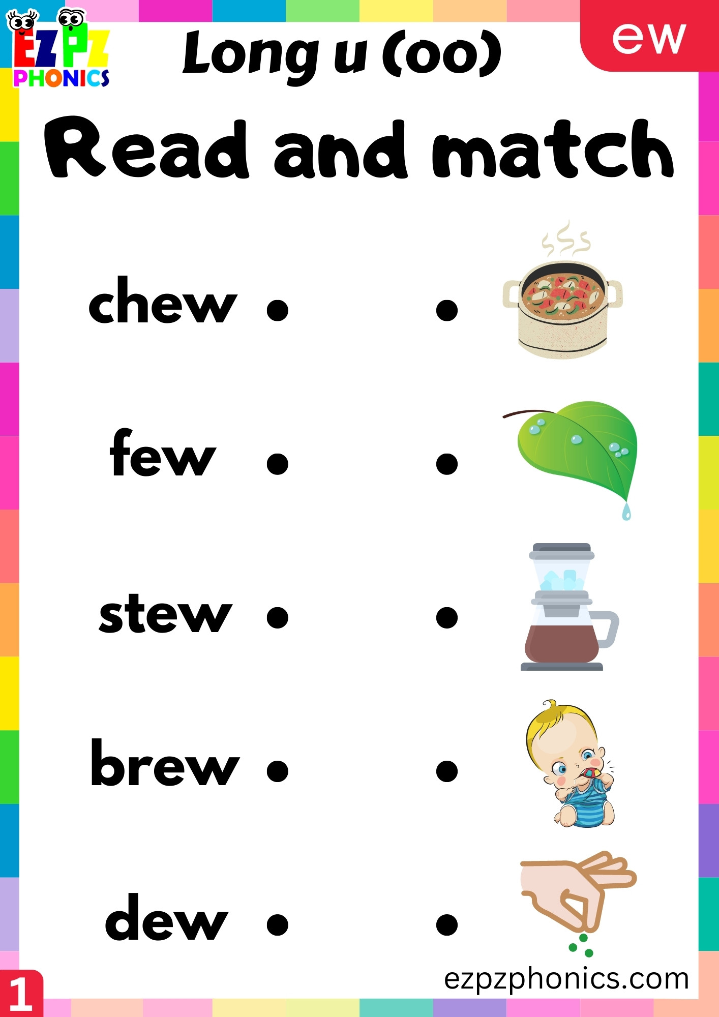 ew Words Long u (oo) Read and Match the Image Worksheet PDF Download